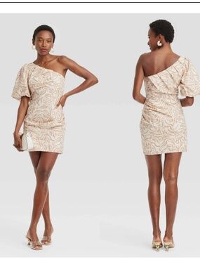 NWT One Shoulder Mini A-Line Dress - A New Day Cream Abstract 10